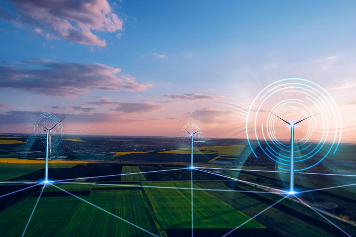 Wind turbines in a rural landscape.